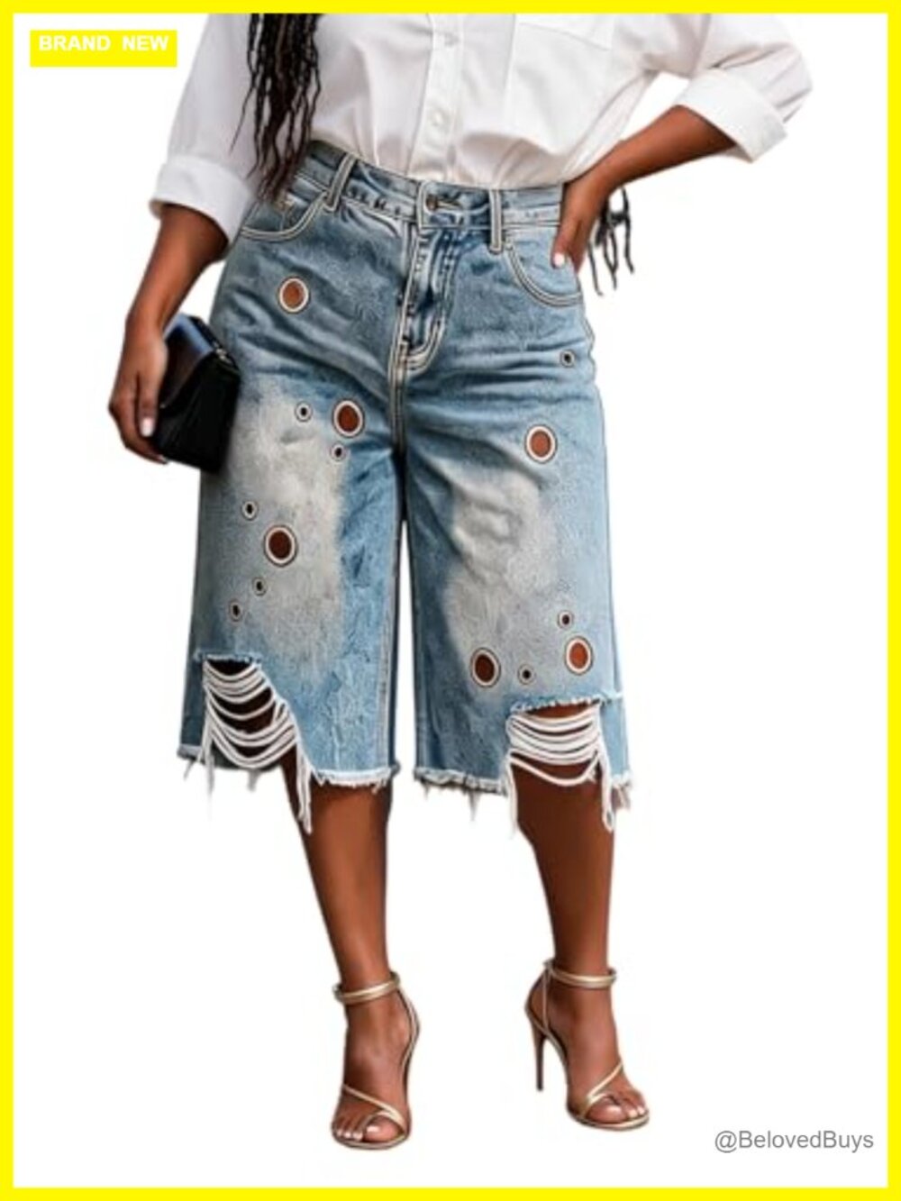 Womens High Waisted Baggy Cargo Denim Bermuda Shorts Distressed Ripped Jorts